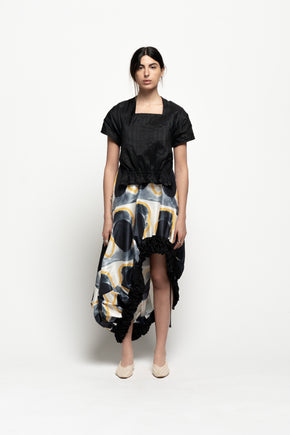 Invisible Face Print Gathered Dress with Taffeta Top by Ahmad Abdullatif
