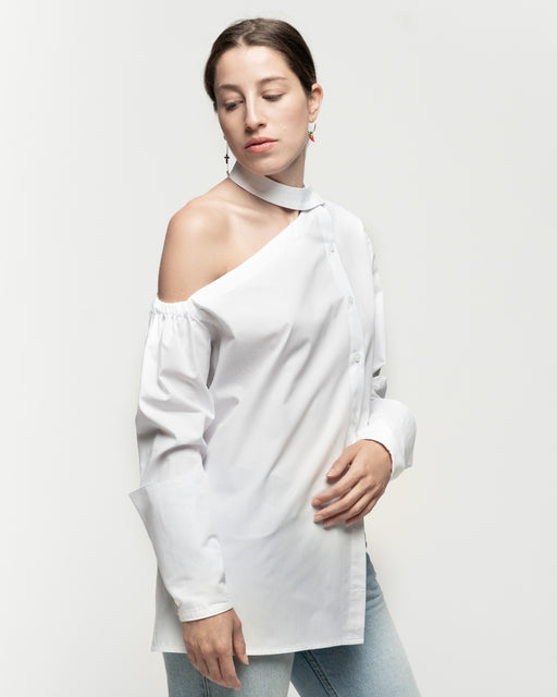 White Off The Shoulder Asymmetric Shirt